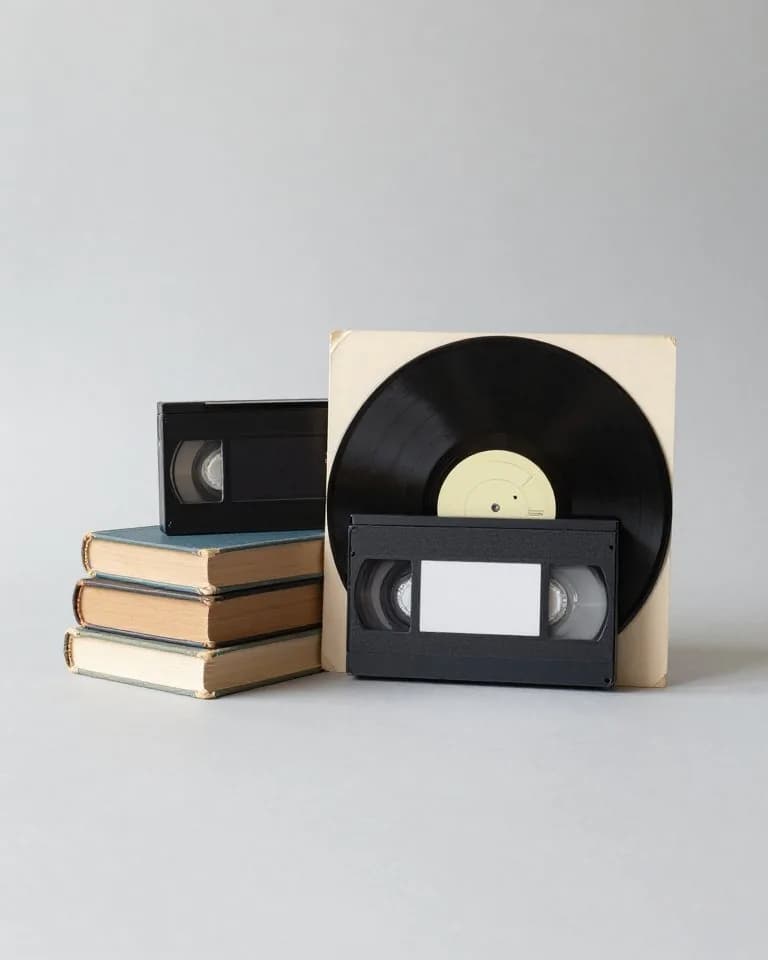 Old cloth-bound books, vinyl records and a VHS tape from a thrift store