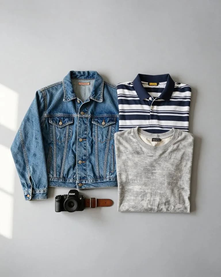 Thrifted vintage clothing flat lay: denim jacket, striped polo shirt and band tee to resell