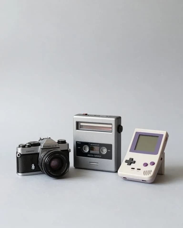 Vintage film camera, cassette player and retro handheld game console to flip
