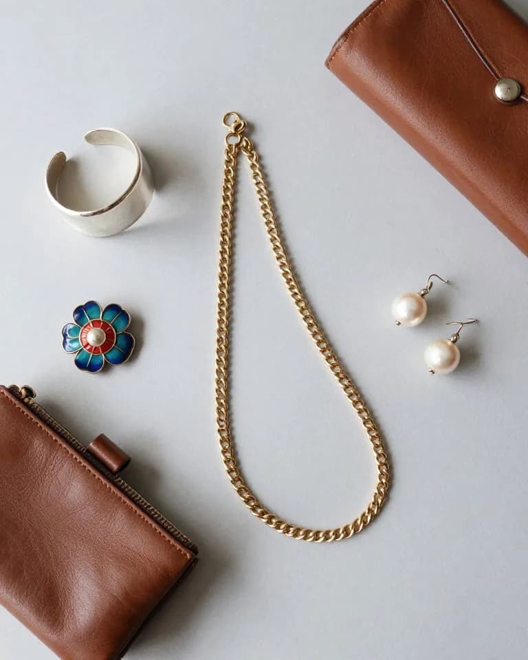 Vintage jewelry flat lay: silver cuff, gold chain, enamel brooch and pearl earrings