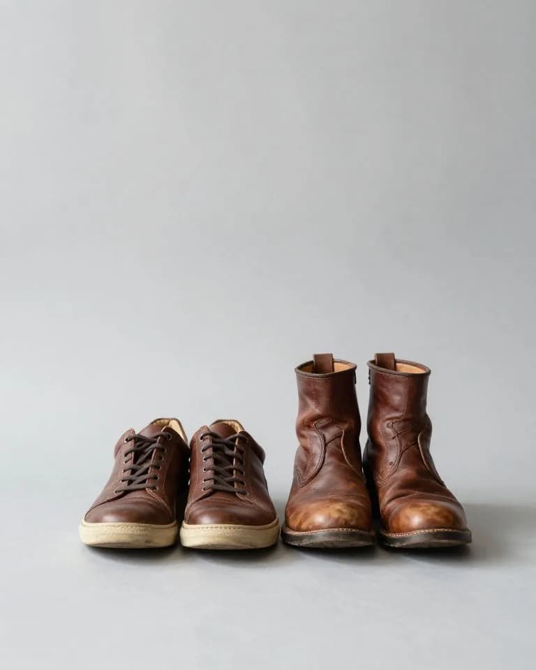 Vintage leather sneakers and worn leather boots found at a thrift store