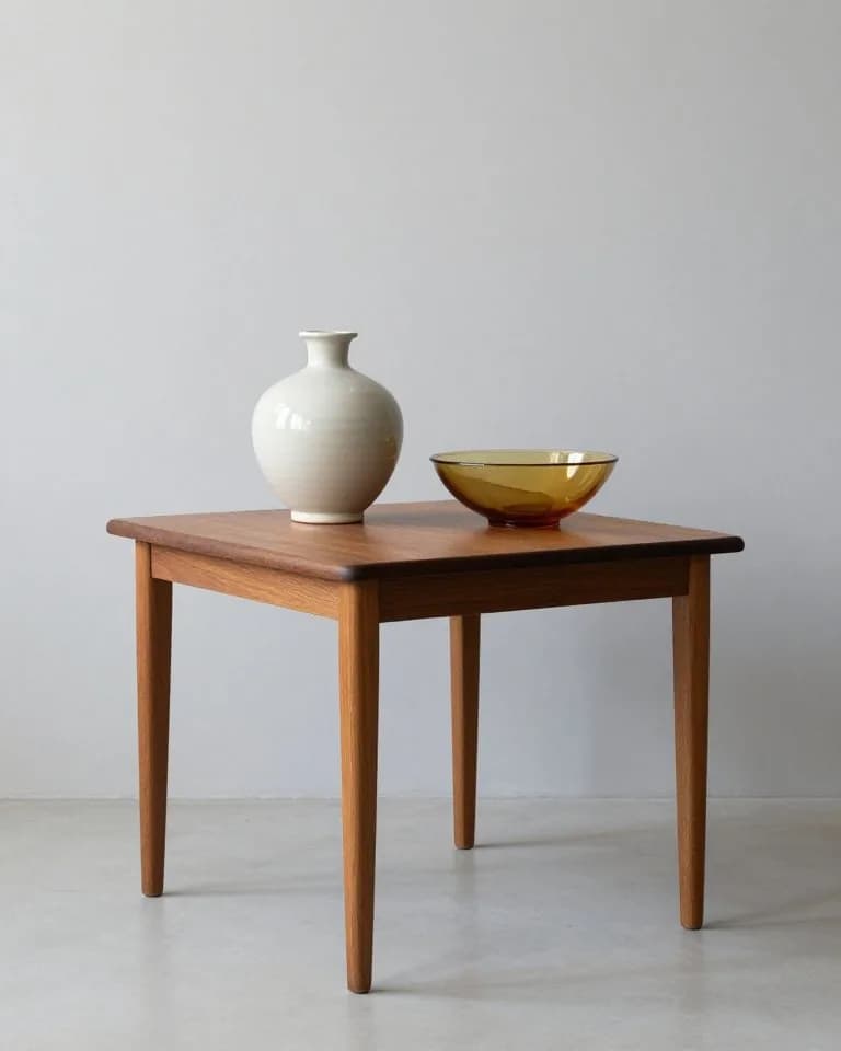 Mid-century teak side table with a ceramic vase and amber art glass bowl