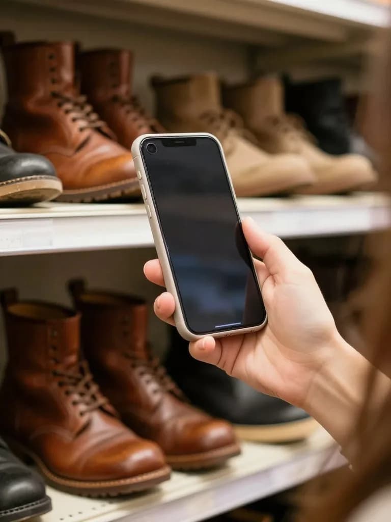 Phone camera scanning vintage leather boots on a thrift store shelf with the AI scanner