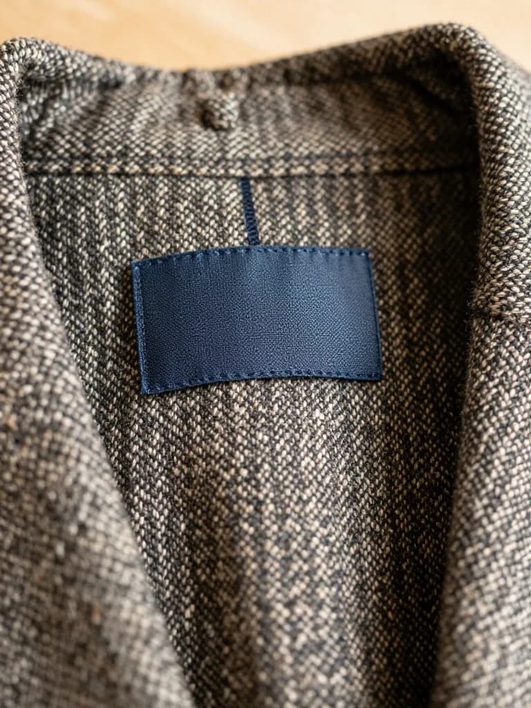 Close-up of a woven label inside a vintage tweed blazer, checked by the designer brand detector