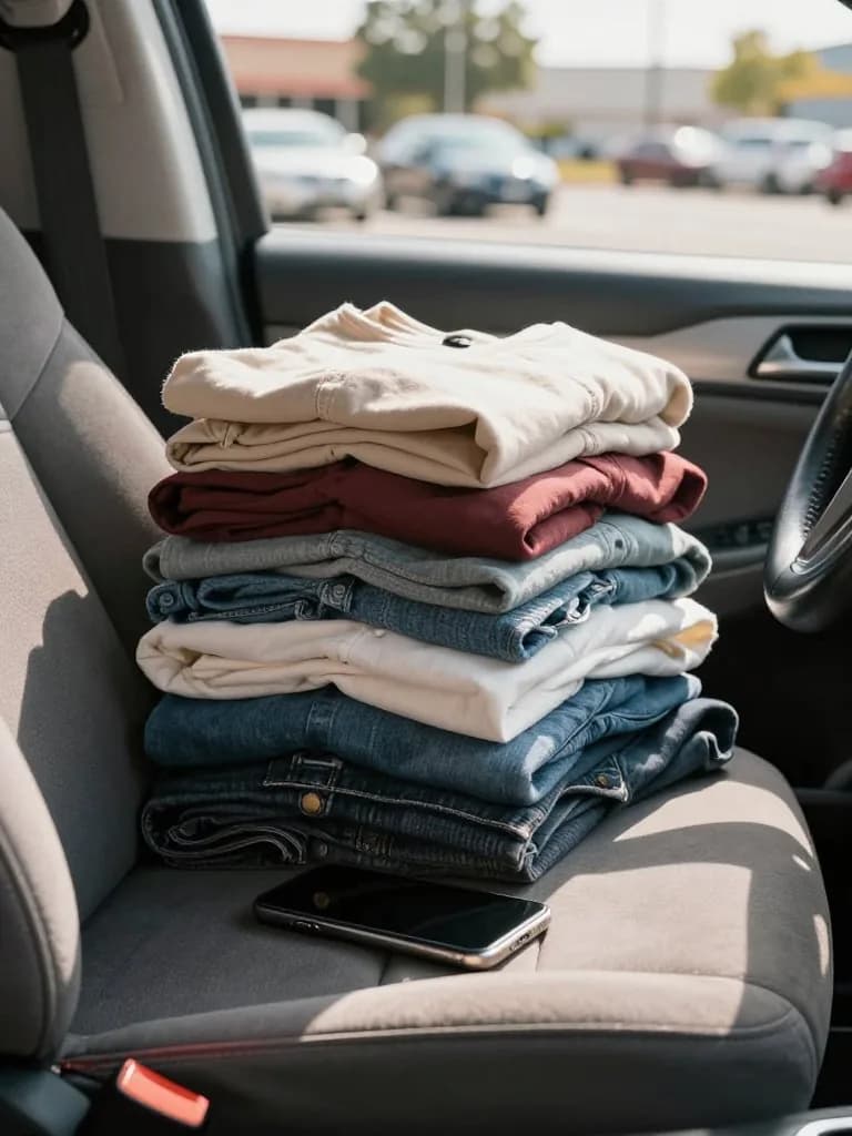 Folded thrift finds and a phone on a car seat, ready to list on eBay in one tap