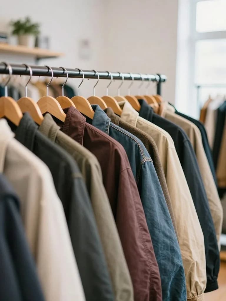 Rail of thrifted vintage jackets sorted by colour in a reseller's studio