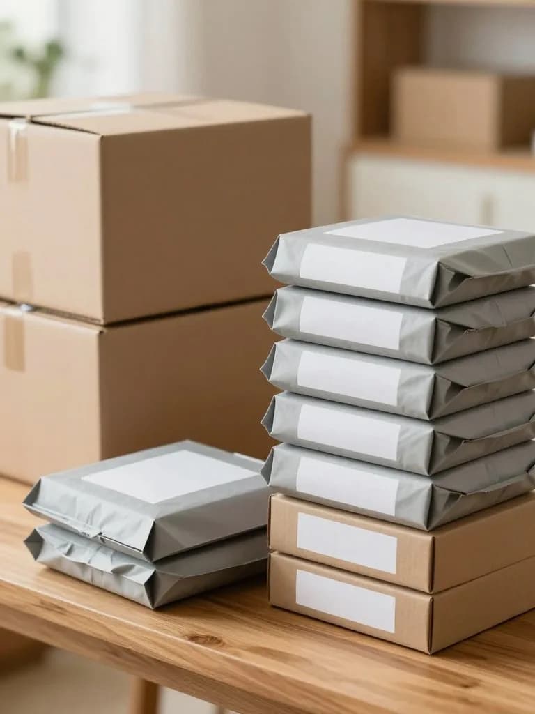 Sold resale items packed in boxes and mailers, ready to ship to buyers