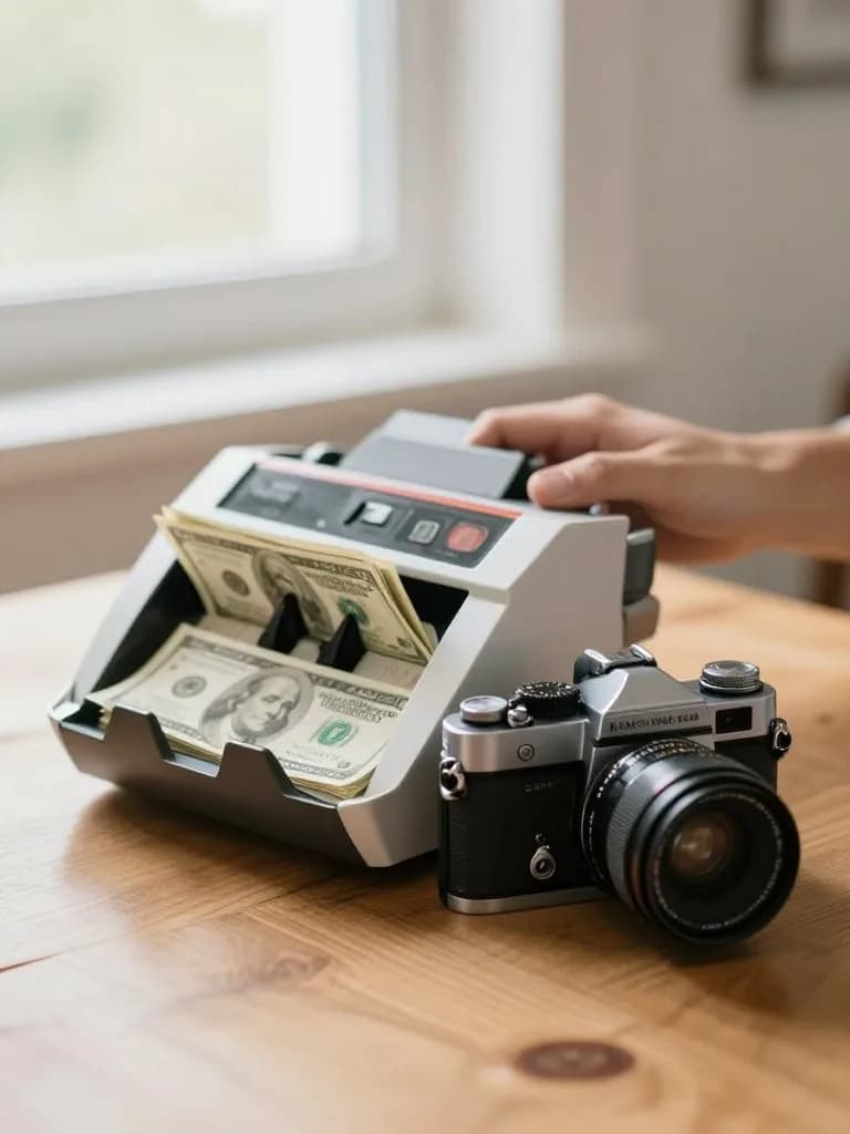 Counting cash profit next to a thrifted vintage film camera