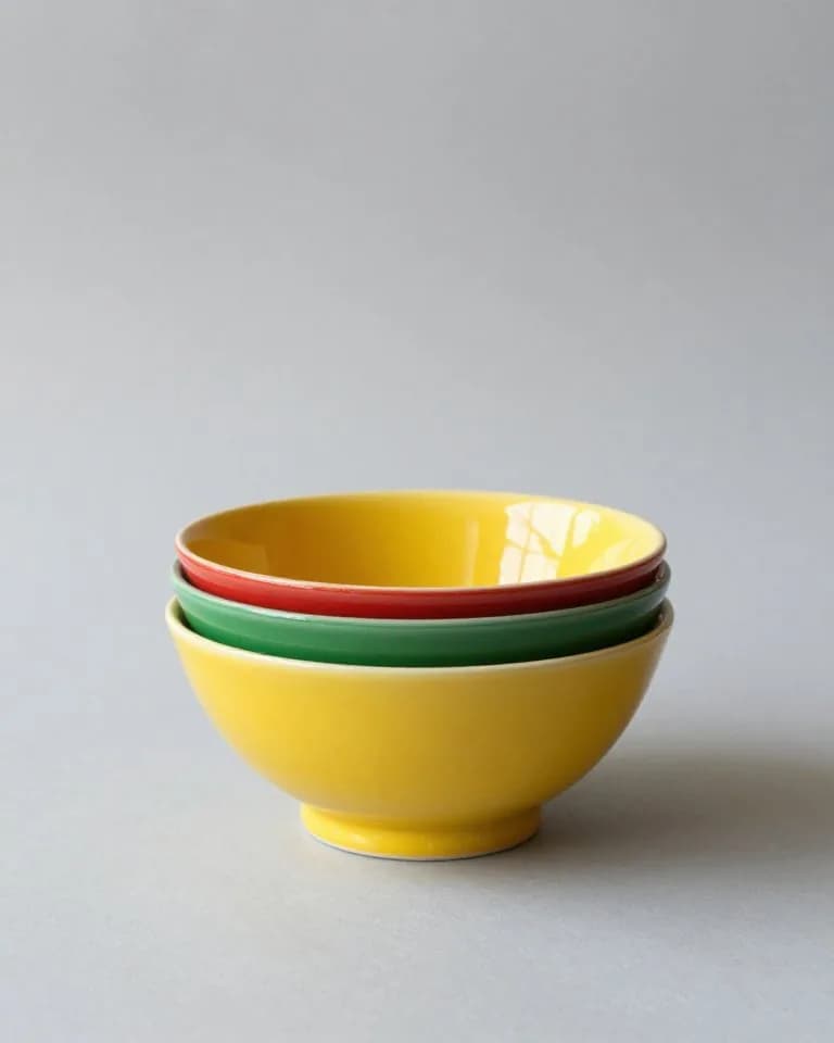 Vintage Pyrex nesting mixing bowl set in yellow, green and red