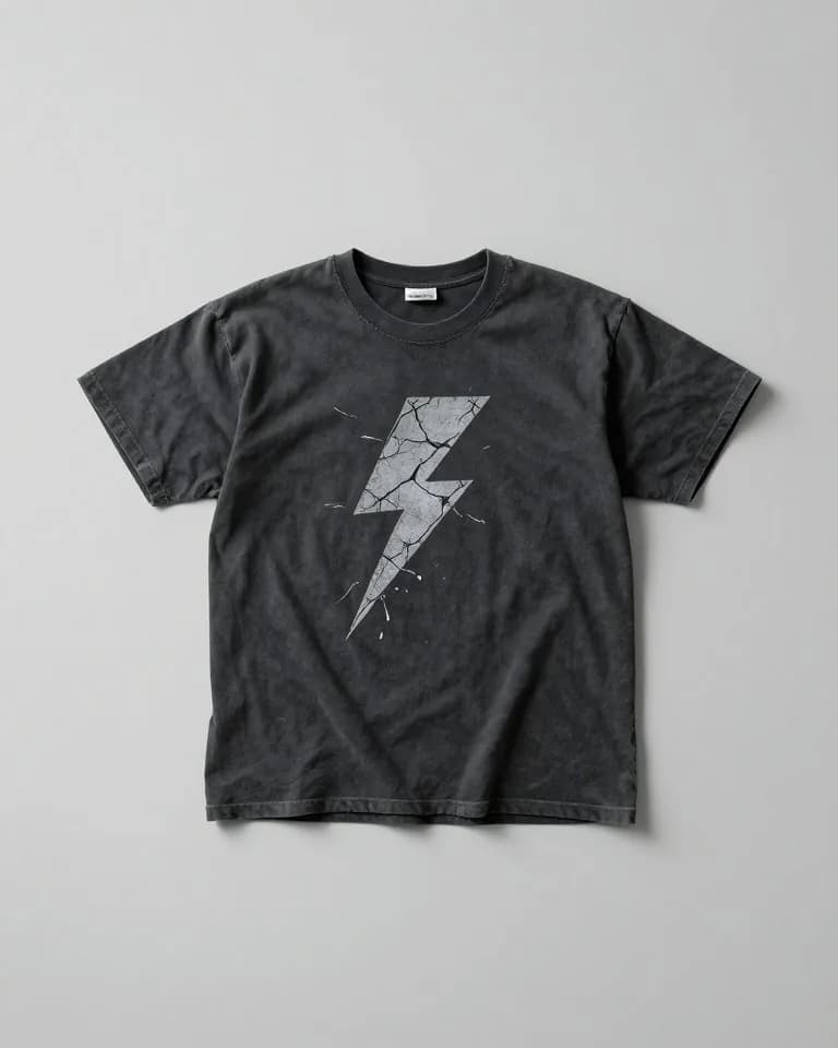 Faded black vintage band t-shirt with a lightning bolt graphic