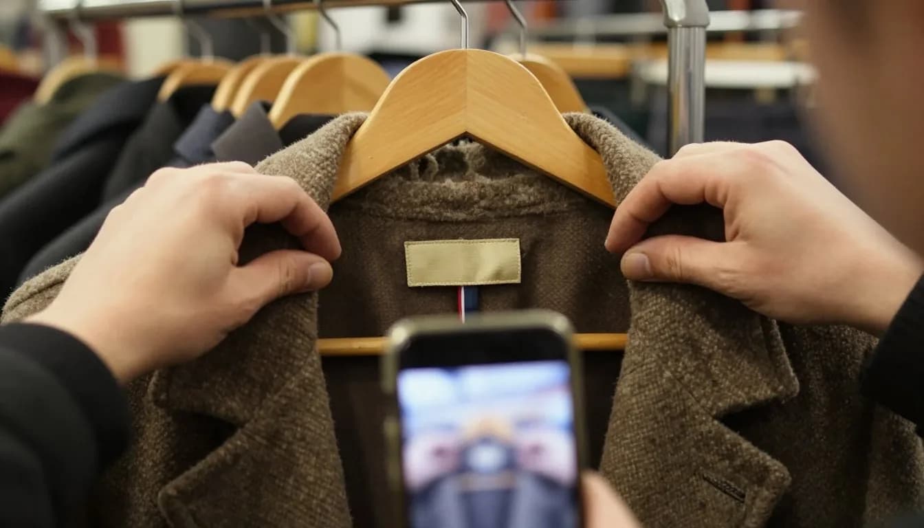 Checking the brand label of a vintage wool coat while the AI identifies and prices it