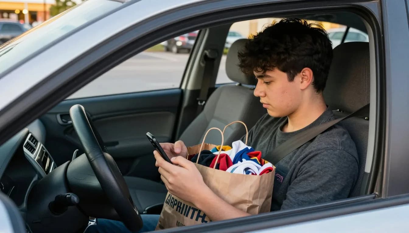 Reseller listing thrift finds to eBay on a phone from the store parking lot
