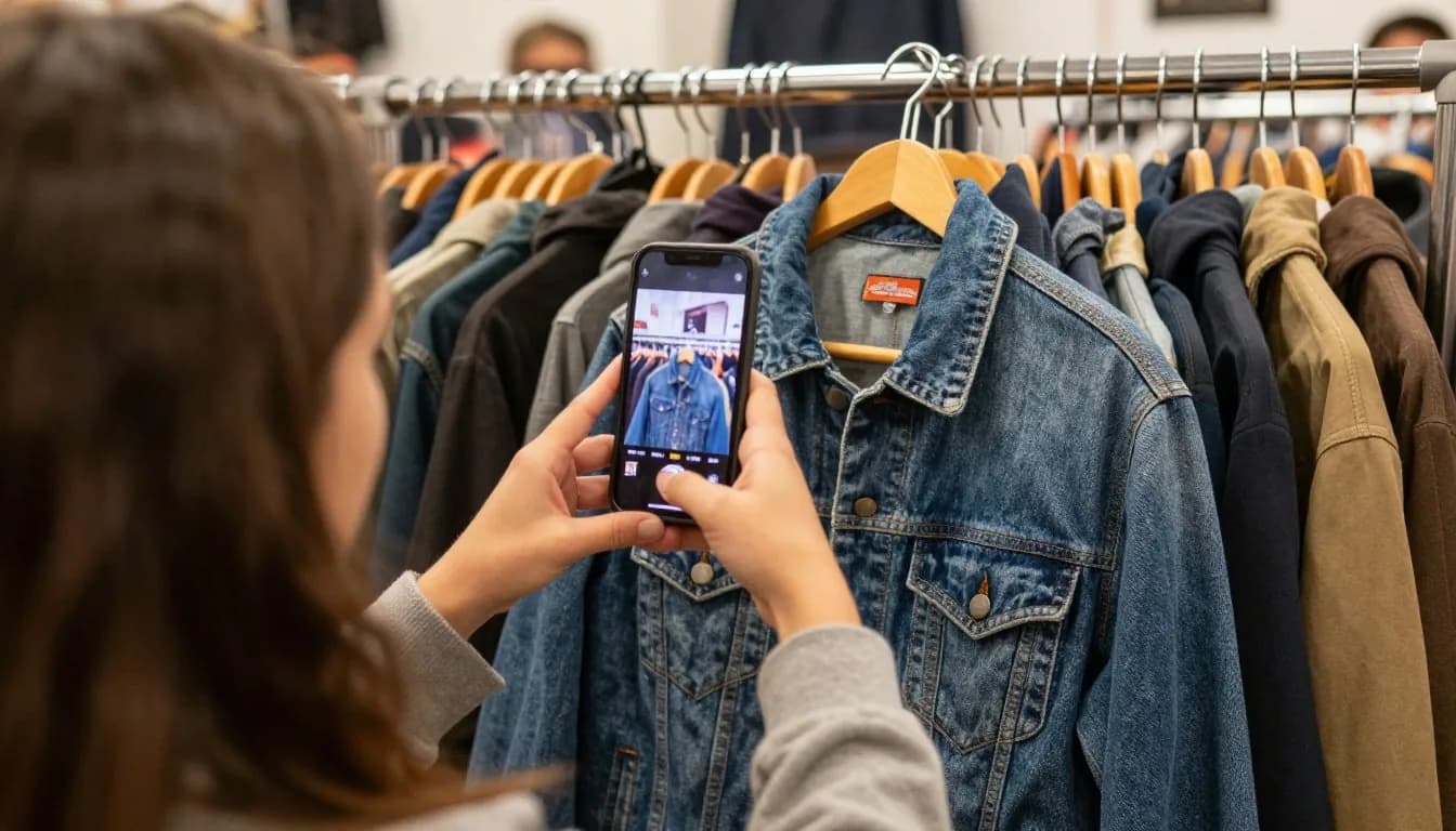 Reseller scanning a vintage denim jacket on a thrift store rack with the Cluzy app
