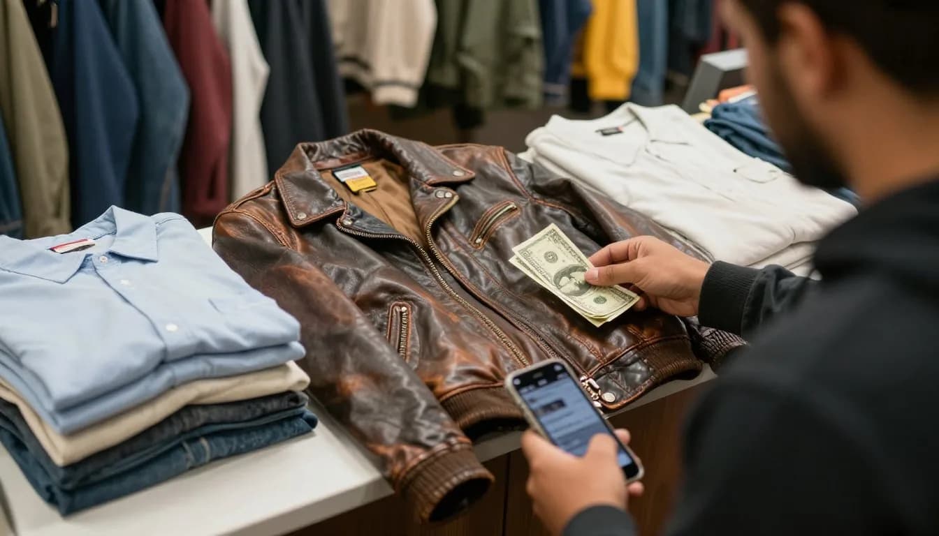 Reseller buying a vintage leather jacket at the thrift store checkout after checking the profit