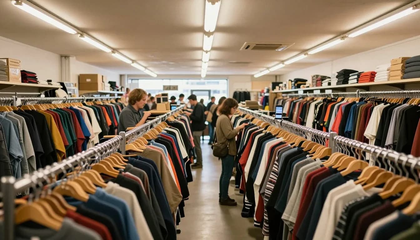 Long aisles of clothing racks inside a busy thrift store where resellers source items